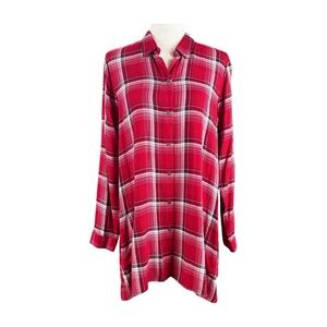 J. JILL RED PLAID BUTTON DOWN TUNIC, SIZE S